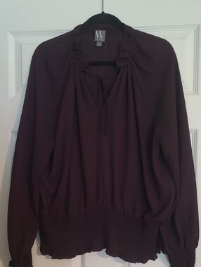 Worthington Deep Plum Long-Sleeve Smocked Hem Blouse Size XL